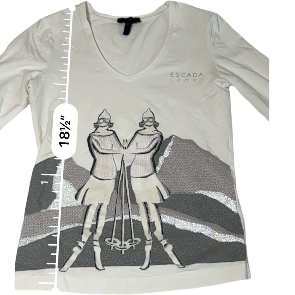 Escada Sport White Ski Graphic V-Neck Long Sleeve Top Glitter Accents XS Greece - Picture 6 of 7